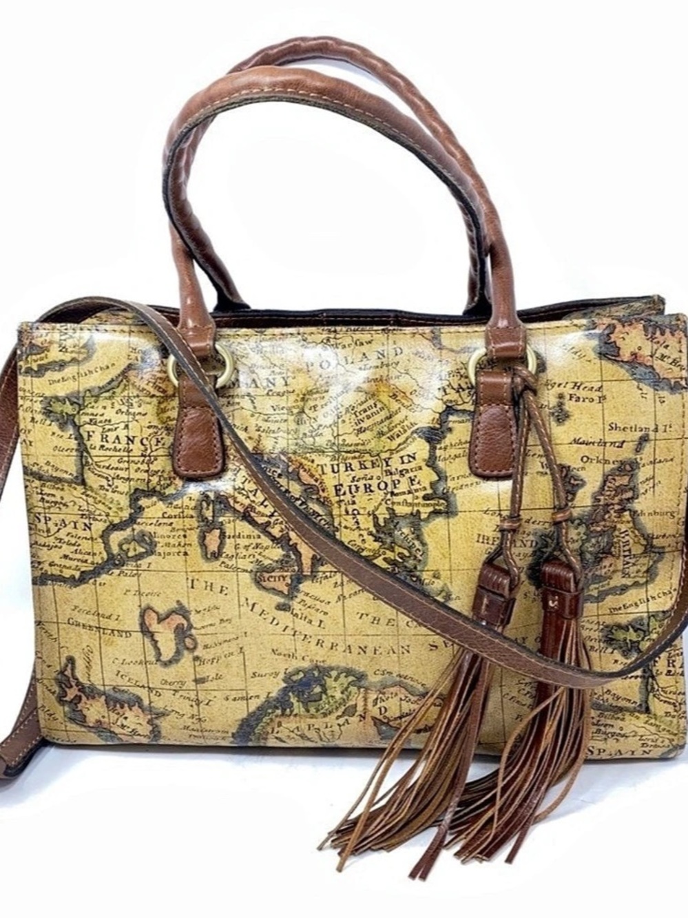 Patrica Nash Classic European Map Print Satchel with Tassel Map Print